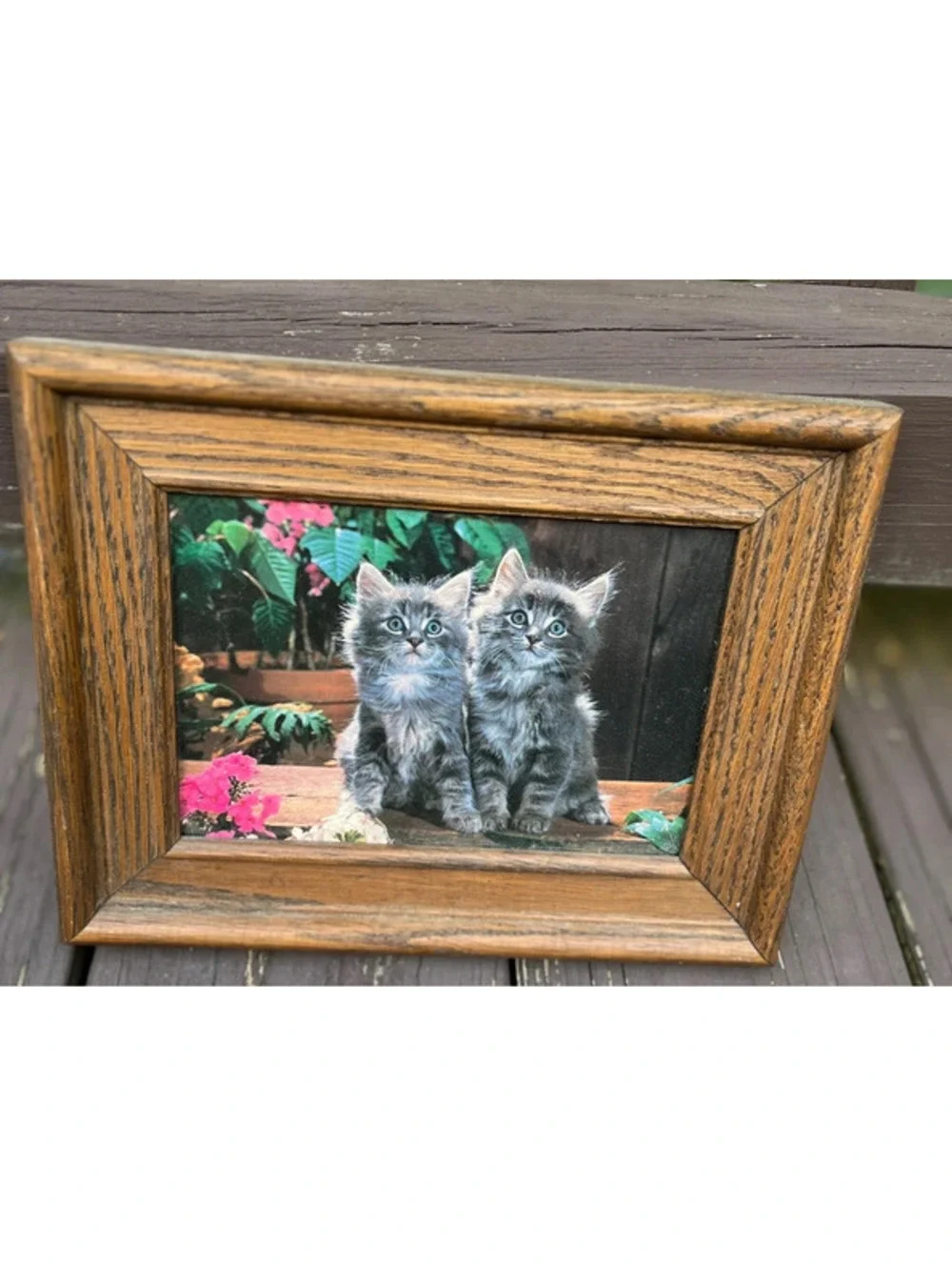 Vintage 80s grey tabby kitty kitten cat wood frame picture 9x7” cottagecore